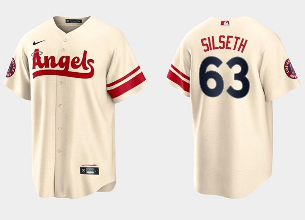 Men's Los Angeles Angels #63 Chase Silseth Cream City Connect Cool Base Stitched Jersey Men's Los Angeles Angels #63 Chase Silseth Cream City Connect Cool Base Stitched Jersey